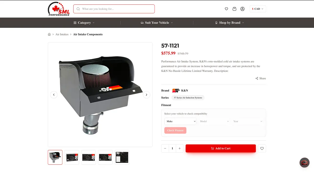 SML Performance - product detail with vehicle fitment